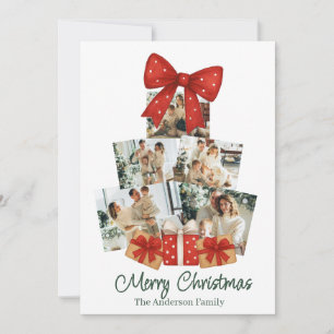 Elegant Watercolor Red Bow Family Christmas Tree Holiday Card