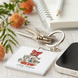 Elegant Watercolor Red Bow Family Christmas Tree Key Ring