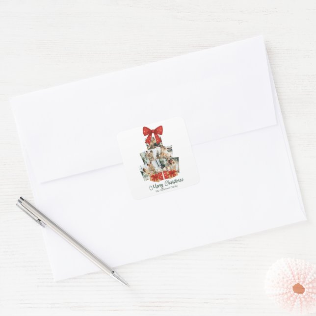 Elegant Watercolor Red Bow Family Christmas Tree Square Sticker (Envelope)