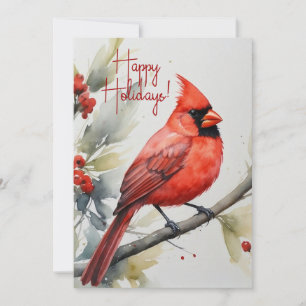 Elegant Watercolor Red Cardinal Holly Christmas Holiday Card