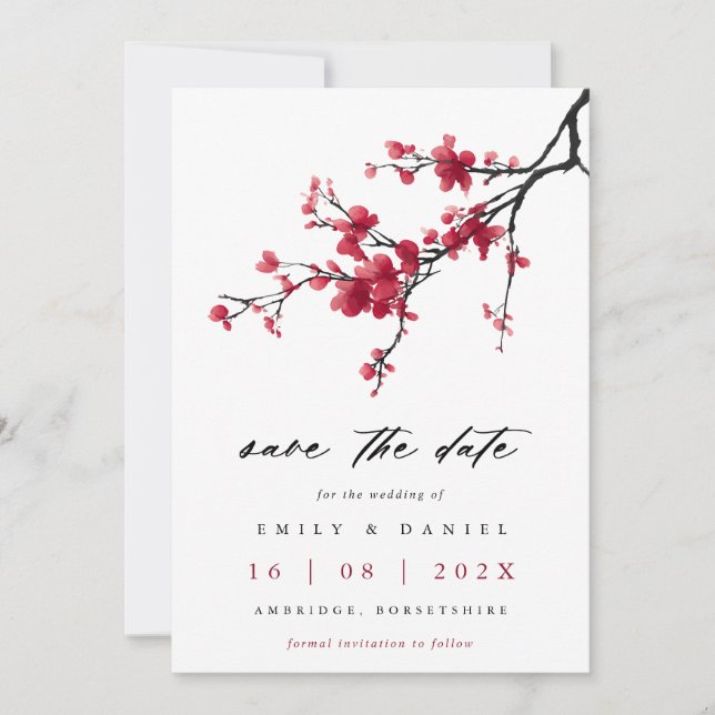 Elegant Watercolor Red Cherry Blossom Wedding Save The Date (Front)