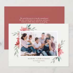 Elegant Watercolor Red Christmas Flowers Photo Holiday Card