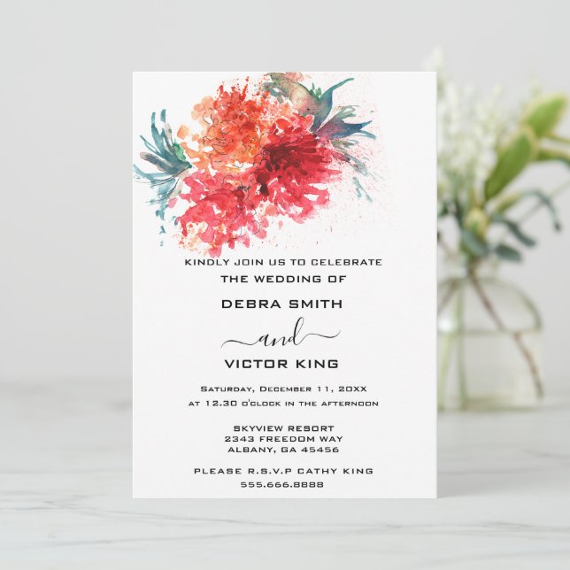 Elegant Watercolor Red Floral Bouquet Wedding Invitation (Standing Front)