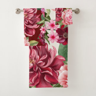 Elegant Watercolor red flowers and greenery Bath Towel Set