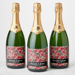 Elegant Watercolor Red Flowers Black Wedding Sparkling Wine Label