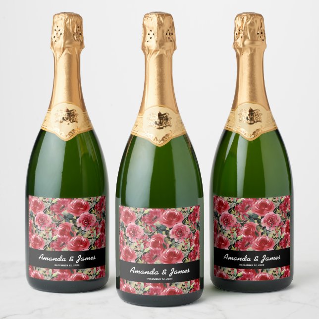 Elegant Watercolor Red Flowers Black Wedding Sparkling Wine Label (Bottles)