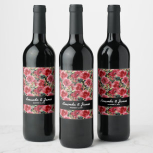 Elegant Watercolor Red Flowers Black Wedding Wine Label