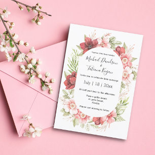 elegant watercolor red flowers greenery wedding  invitation