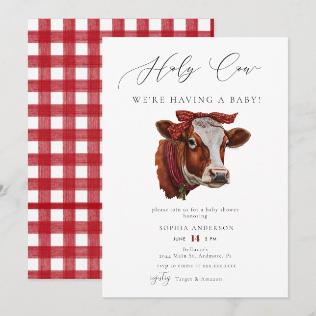 Elegant Watercolor Red Holy Cow Baby Shower Invitation (Front/Back)