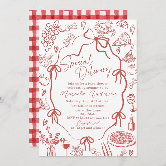 Elegant Watercolor Red Pasta Special Delivery Baby Invitation (Front/Back)