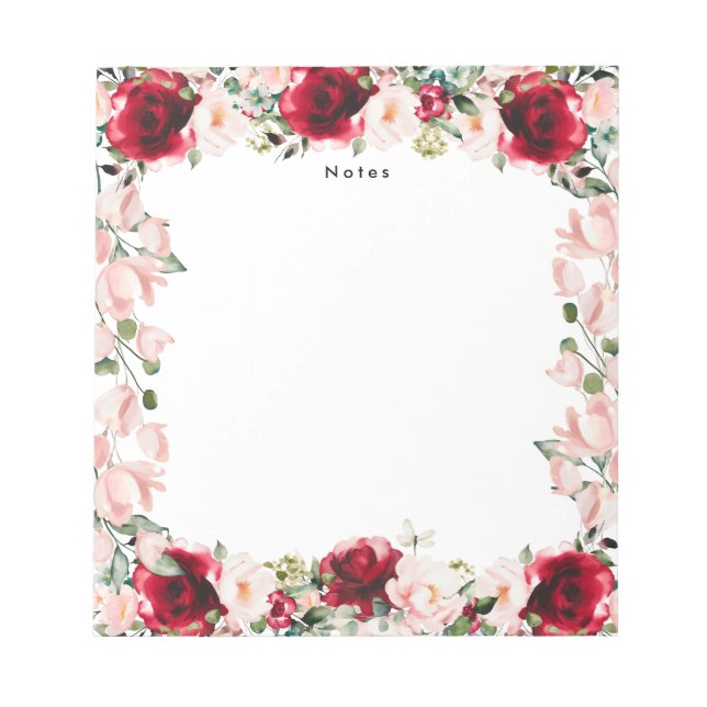 Elegant Watercolor Red Pink Floral Personalised  Notepad (Front)