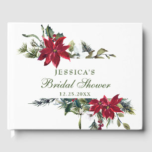 Elegant Watercolor Red Poinsettia Bridal Shower Guest Book