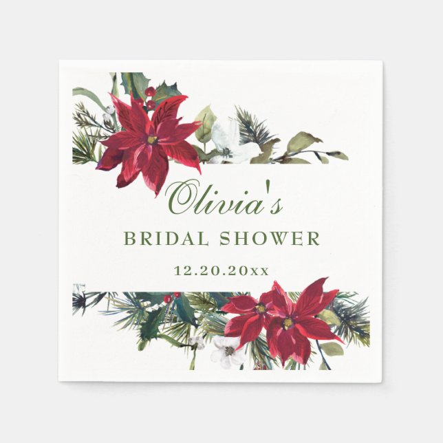 Elegant Watercolor Red Poinsettia BRIDAL SHOWER Napkin (Front)