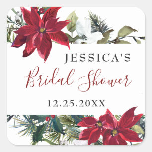 Elegant Watercolor Red Poinsettia BRIDAL SHOWER Square Sticker