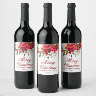 Elegant Watercolor Red Poinsettia Christmas Wine Label