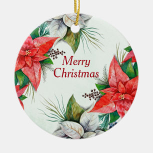 Elegant Watercolor Red Poinsettia Floral Christmas Ceramic Tree Decoration