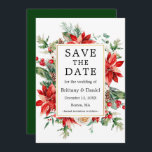 Elegant Watercolor Red Poinsettia Floral Green Save The Date<br><div class="desc">Elegant Watercolor Poinsettia Floral Greenery Save The Date Wedding Announcement Card includes red poinsettias,  eucalyptus leaves,  pine cones,  pine needles,  cotton,  holly berries and other beautiful winter botanical greenery. Gold Frame. Green Back.</div>
