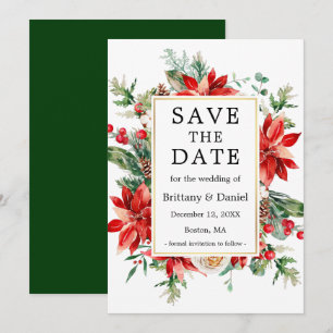 Elegant Watercolor Red Poinsettia Floral Green Save The Date