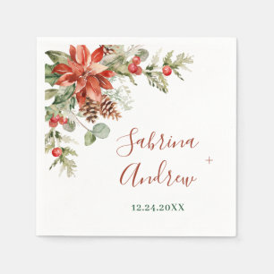 Elegant Watercolor Red Poinsettia Pine Fir Wedding Napkin