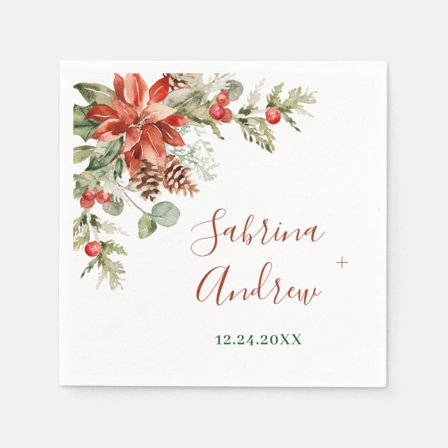 Elegant Watercolor Red Poinsettia Pine Fir Wedding Napkin (Front)