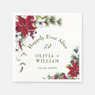Elegant Watercolor Red Poinsettia Pine Fir Wedding Napkin