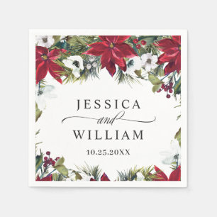 Elegant Watercolor Red Poinsettia Pine Fir Wedding Napkin