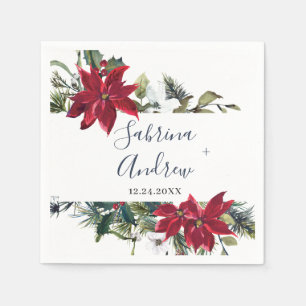 Elegant Watercolor Red Poinsettia Pine Fir Wedding Napkin