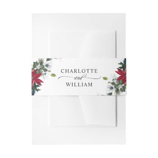 Elegant Watercolor Red Poinsettia Wedding Invitation Belly Band (Front Example)
