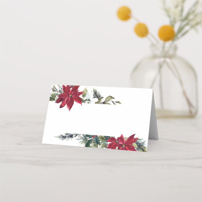 Elegant Watercolor Red Poinsettia Wedding Table Place Card (Front)