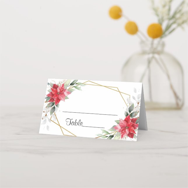 Elegant Watercolor Red Poinsettia Wedding Table Place Card (Front)