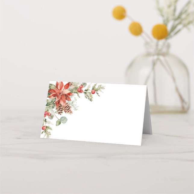 Elegant Watercolor Red Poinsettia Wedding Table Place Card (Front)