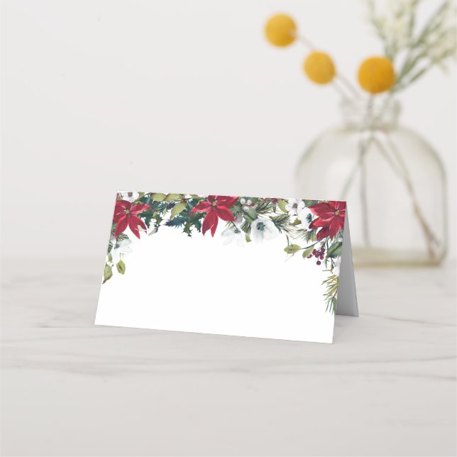 Elegant Watercolor Red Poinsettia Wedding Table Place Card (Front)