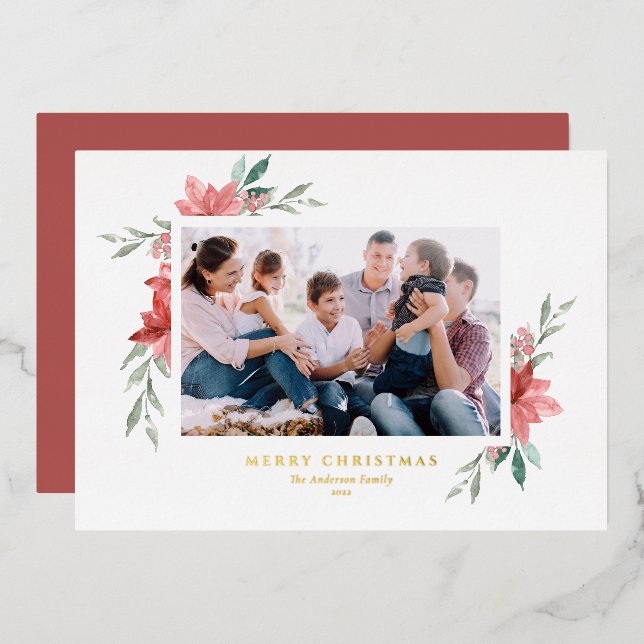 Elegant Watercolor Red Poinsettias Merry Christmas Foil Holiday Card (Front/Back)
