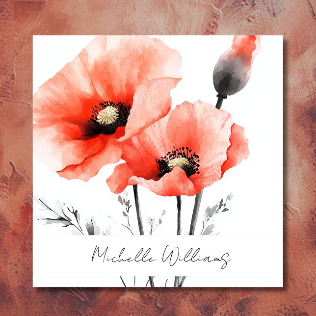 Elegant Watercolor Red Poppy Floral Square Business Card (Front - Elegant Watercolor Red Poppy Floral Square Business Card)