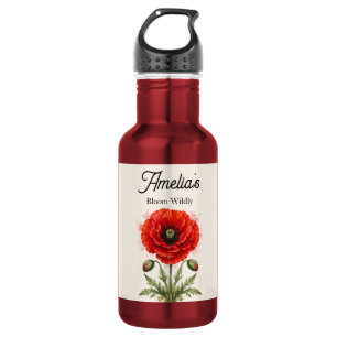 Elegant Watercolor Red Poppy Symmetrical Monogram 532 Ml Water Bottle