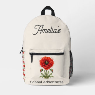 Elegant Watercolor Red Poppy Symmetrical Monogram Printed Backpack