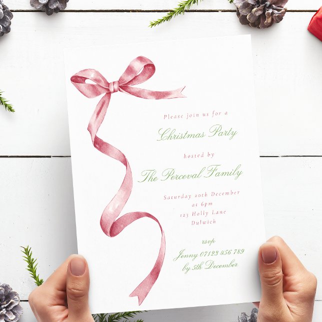 Elegant Watercolor Red Ribbon Bow Christmas Party Invitation (Creator Uploaded)