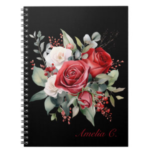 Elegant Watercolor Red Rose Bouquet Black Notebook