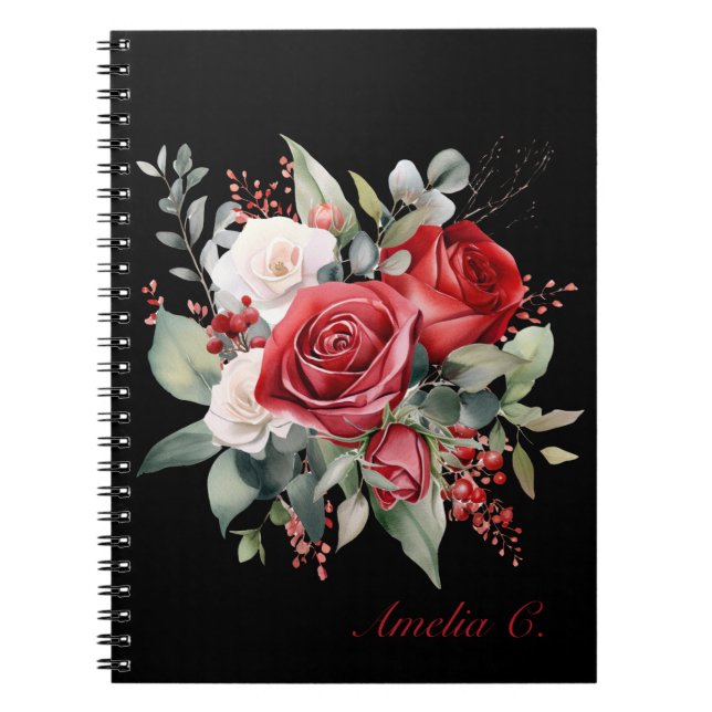 Elegant Watercolor Red Rose Bouquet Black Notebook (Front)