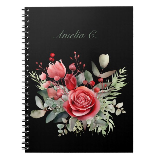 Elegant Watercolor Red Rose Bouquet Black Notebook (Front)