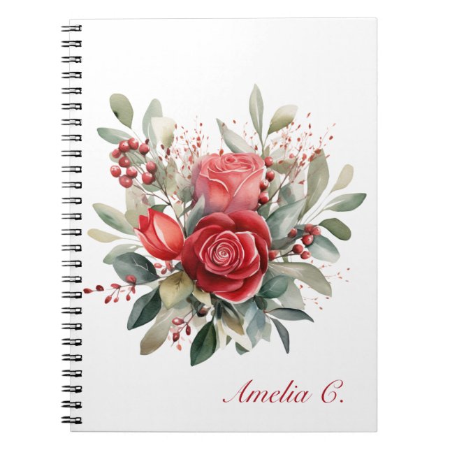 Elegant Watercolor Red Rose Bouquet White Notebook (Front)