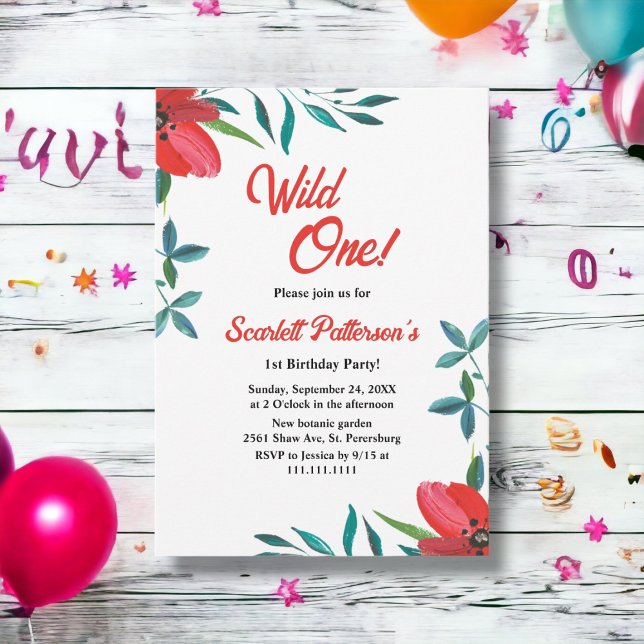 Elegant Watercolor Red Rose Floral 1st Birthday Invitation (Creator Uploaded)