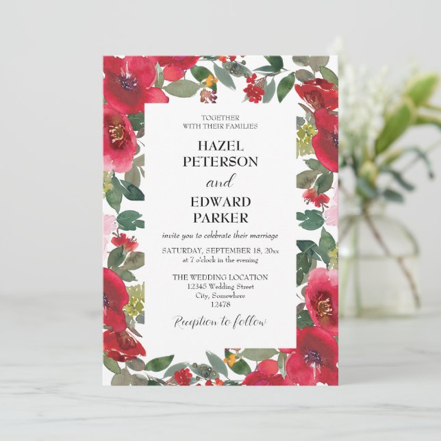 Elegant Watercolor Red Rose Floral Wedding Invitation (Standing Front)