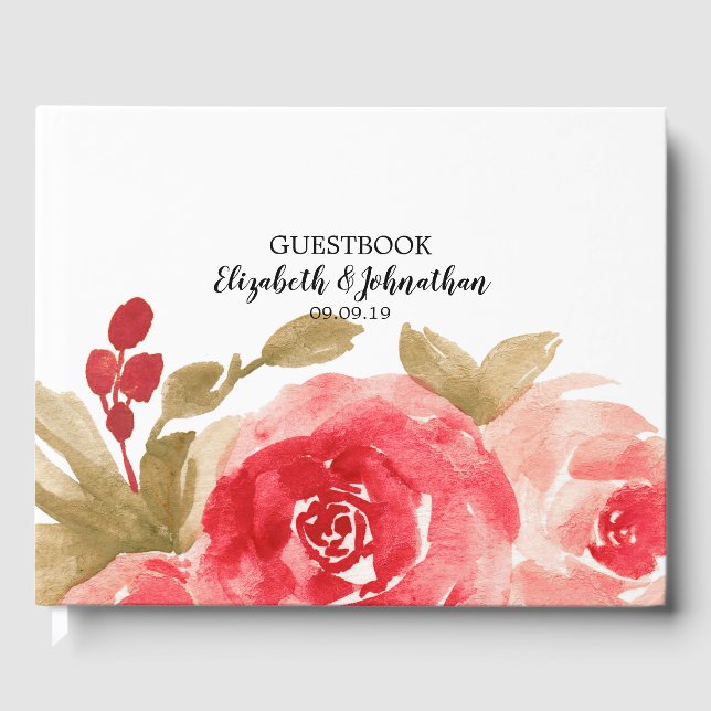 Elegant Watercolor Red Rose Wedding Guest Book (Front)