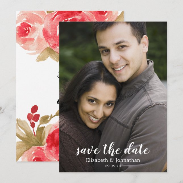 Elegant Watercolor Red Rose Wedding Save the Date Invitation (Front/Back)