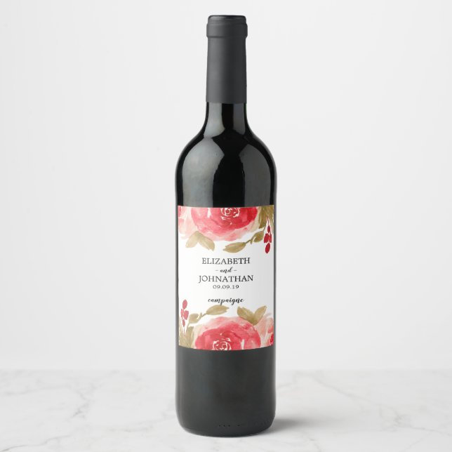 Elegant Watercolor Red Rose Wedding Wine Label (Front)