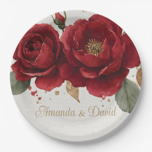 Elegant Watercolor Red Roses with Golden Glitter Paper Plate