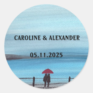 Elegant Watercolor Red Umbrella Couple Wedding Classic Round Sticker