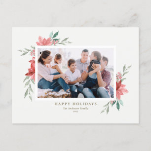 Elegant Watercolor Red Winter Flowers Photo Holiday Postcard