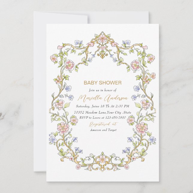 Elegant Watercolor Retro Flowers Frame Baby Shower Invitation (Front)
